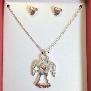 New Silver Pink Rhinestone Angel Necklace Earrings